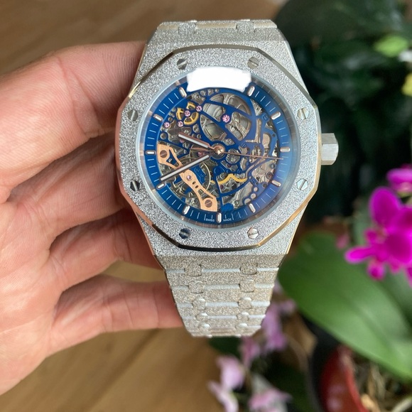 Silver Luxury Skeleton Watch frosted stainless steel automatic
